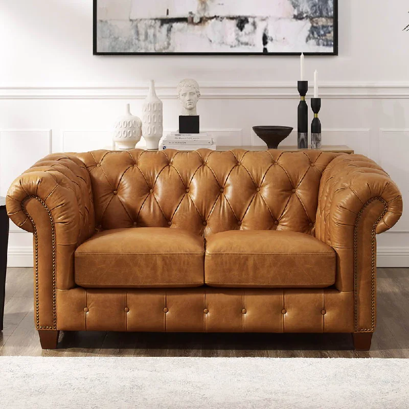 vintage leather Chesterfield sofa -Kingston - Waxy Pull Up Leather Loveseat - Brown