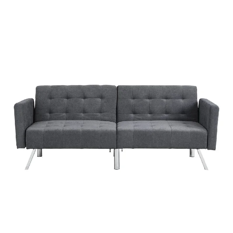 sofa with sleek design and fabric upholstery -Linen Sleeper Sofa With Silver Legs - Dark Gray