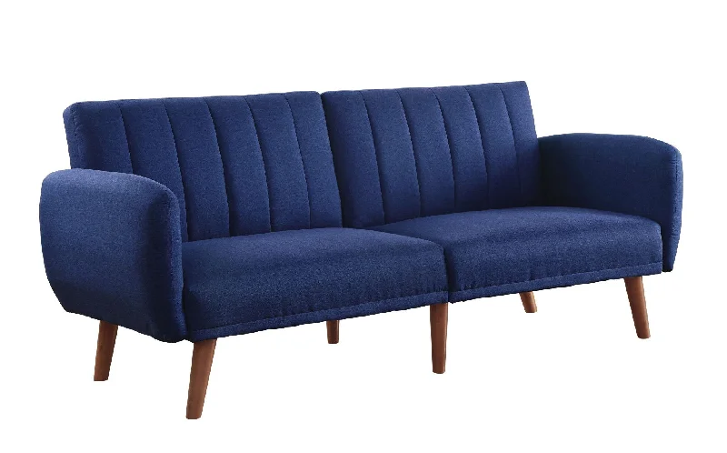 sleek sofa with modern design for home -Linen Sleeper Sofa With Wood Brown Legs - Blue