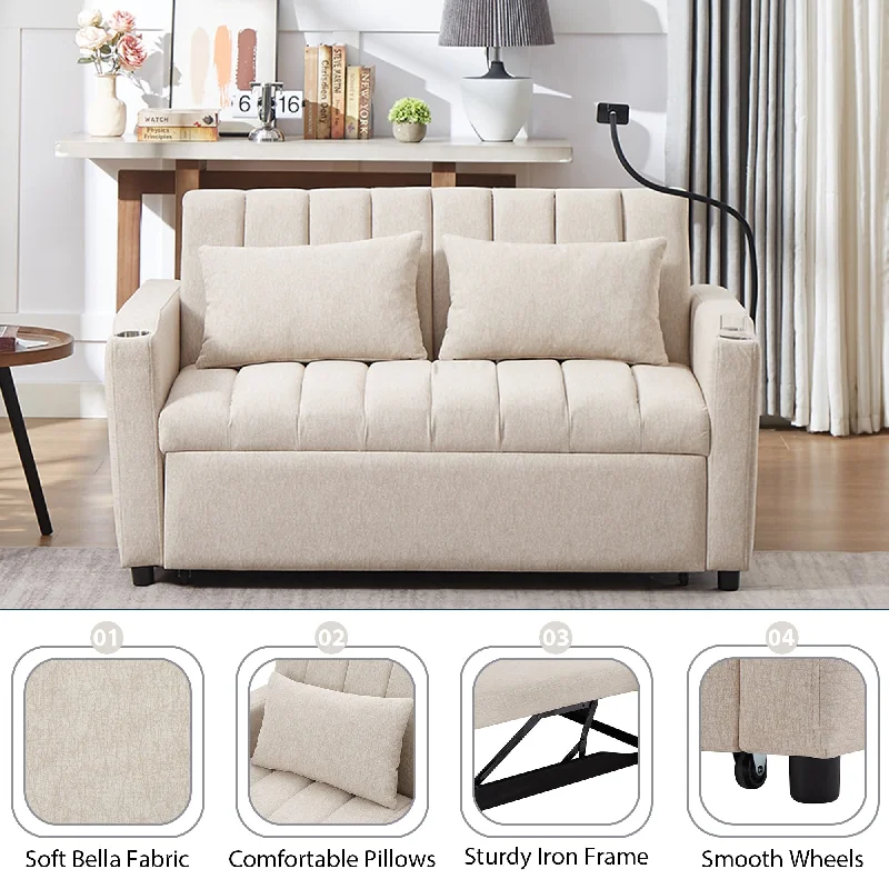 stylish sofa for small living rooms -Loveseat Sleeper Sofa with USB Ports, Cup Holders, and Phone Holder