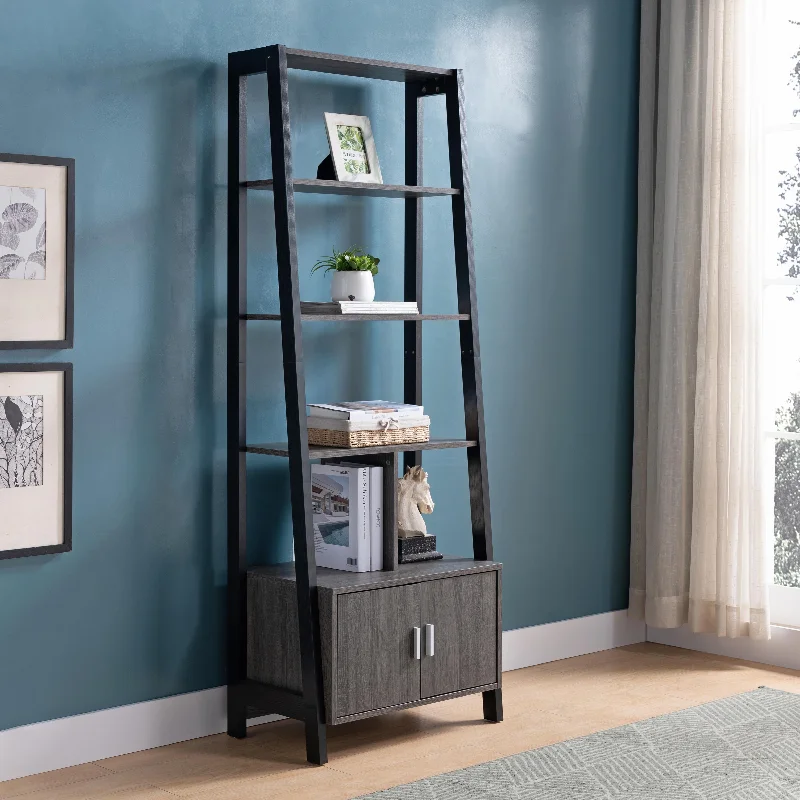 Modern Bookcase With Four Open Shelves And Two Door Cabinet - Black / Gray