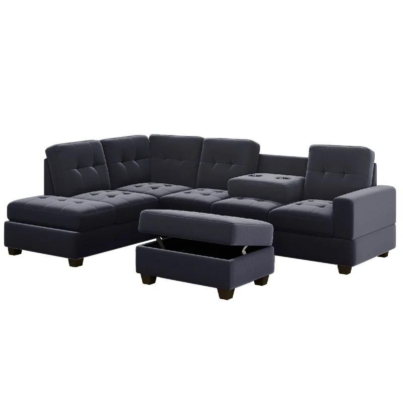 modern sofa with comfortable armrests -Modern Sectional Sofa With Reversible Chaise, L Shaped Couch Set With Storage Ottoman And Two Cup Holders For Living Room