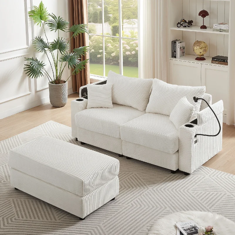 elegant sofa with comfortable design -Modern Style Loveseat Sofa Sectional Sofa Couch With Storage Space, A Movable Ottoman, Two USB Ports, Two Cup Holders, A Phone Holder For Living Room