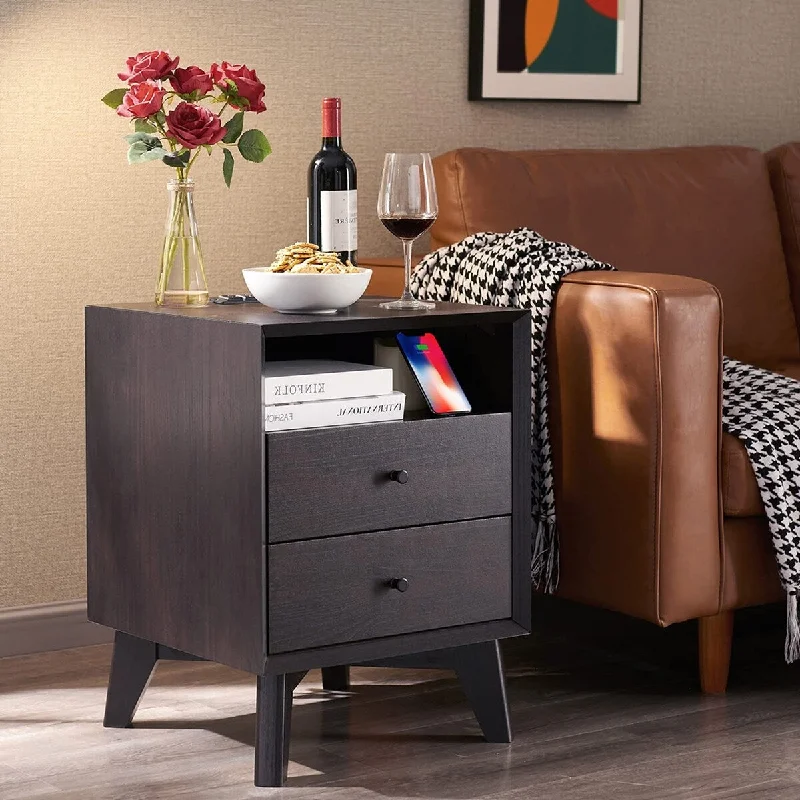 space-saving sofa for tight spaces -Nightstand with Charging Station, Mid-Centry Modern Nightstand End Table with 2 Stroage Drawers, Easy Assembly Wood Sofa Side