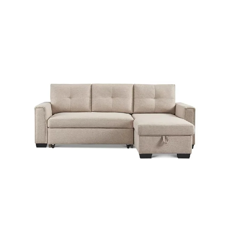 L-shaped sectional sofa with chaise -Polyester Blend Convertible Futon Sleeper Sofa With Black Legs - Beige