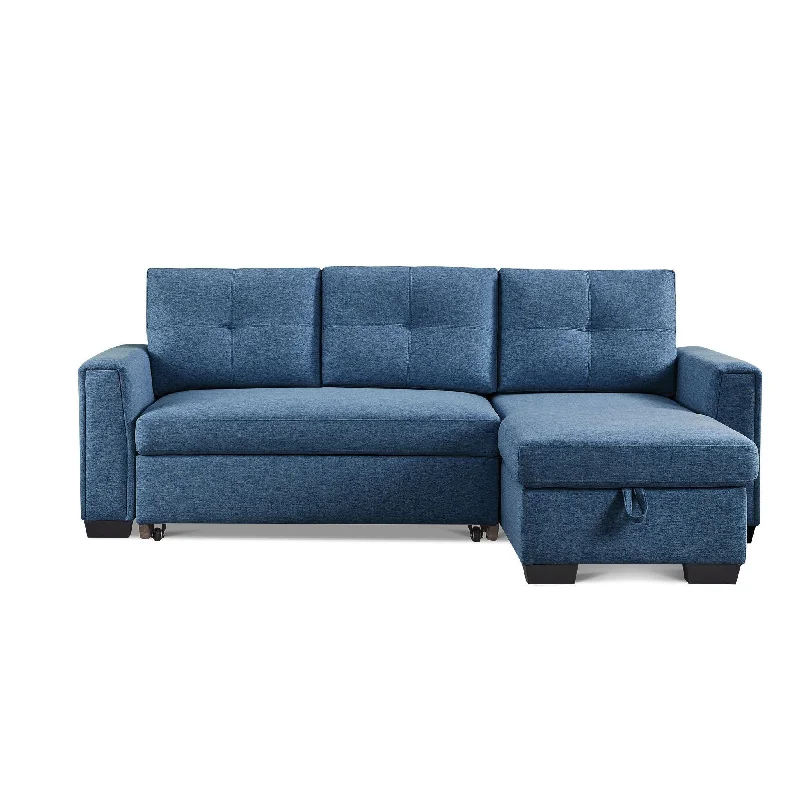 deep sofa for ultimate comfort -Polyester Blend Convertible Futon Sleeper Sofa With Black Legs - Blue