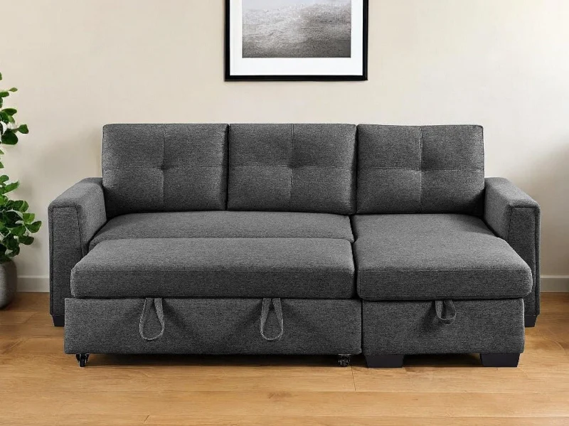 sectional sofa with comfortable armrests -Polyester Blend Convertible Futon Sleeper Sofa With Black Legs - Dark Gray