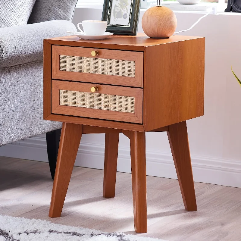 sofa with minimalist style for apartments -Rattan Nightstand Mid Century Modern End Table Boho Side Table with Storage Drawers Solid Wood Night Stand Sofa Side Table