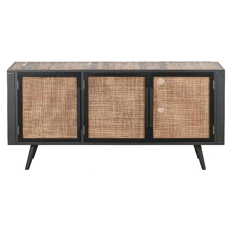 Rustic And Rattan Media Cabinet With Three Doors - Black Natural