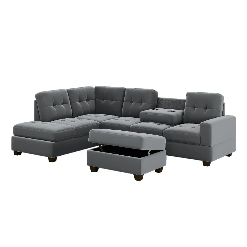 sectional sofa with luxury fabric -Sectional Sofa With Reversible Chaise Lounge, L-Shaped Couch With Storage Ottoman And Cup Holders