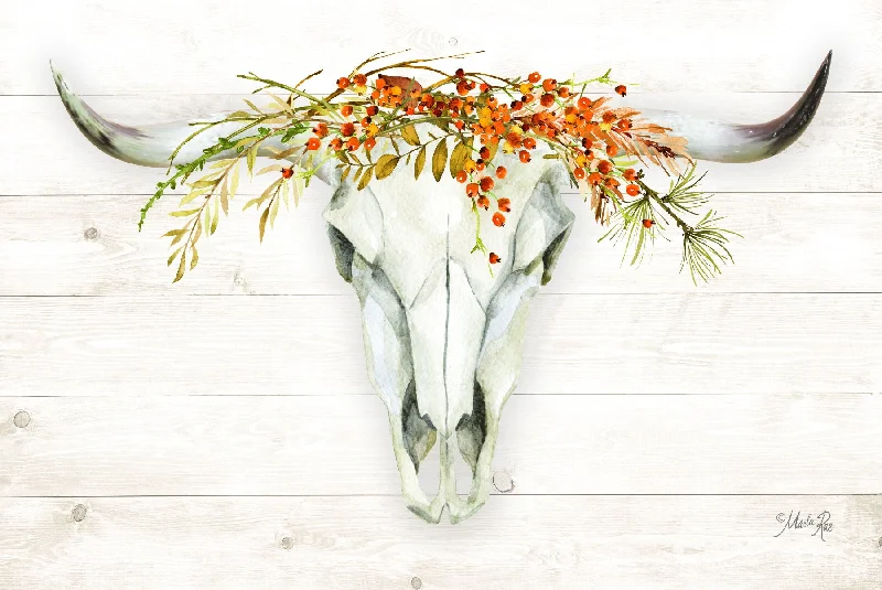 Wall decor with sophisticated art-Small - Fall Steer Skull By Marla Rae - White