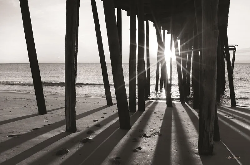 Wall decor with honeycomb patterns-Sunrise At The Pier By Lori Deiter - Black