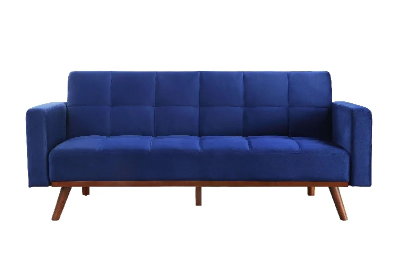 luxurious velvet sofa with tufted back -Velvet Sleeper Sofa With Natural Legs - Blue