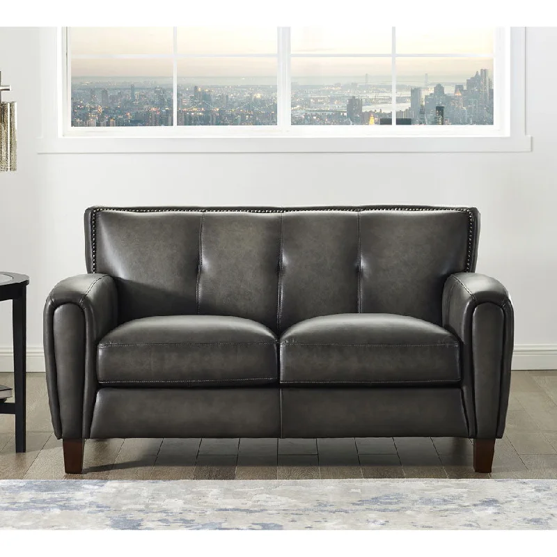 velvet sofa with wooden legs -Weldon - Leather Loveseat - Gun Ash